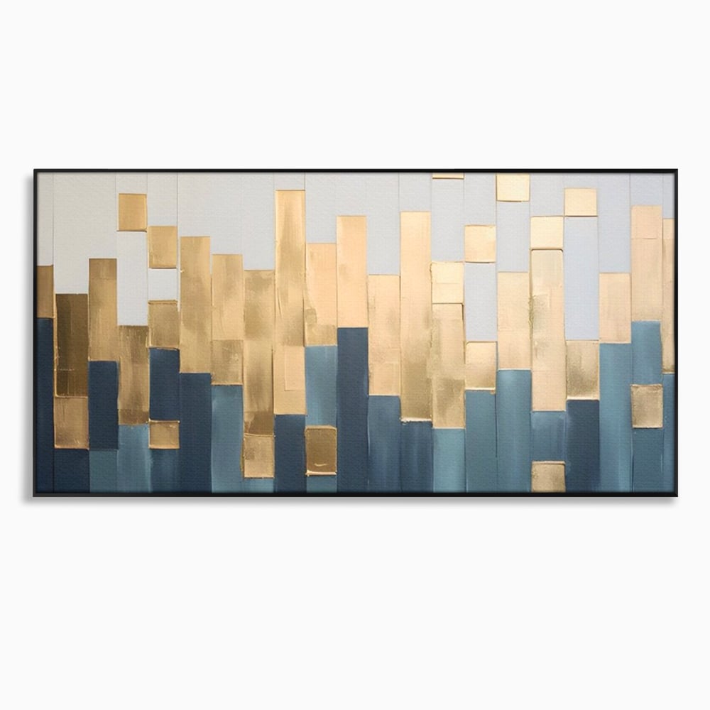Tablou canvas cu tablou abstract cu benzi verticale aurii si albastre, in rama de aluminiu negru